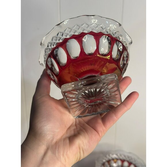 VTG Westmoreland Ruby Red Glass Compote Dishes Thumbprint Crimped Edge, Set of 6 - Picture 6 of 9